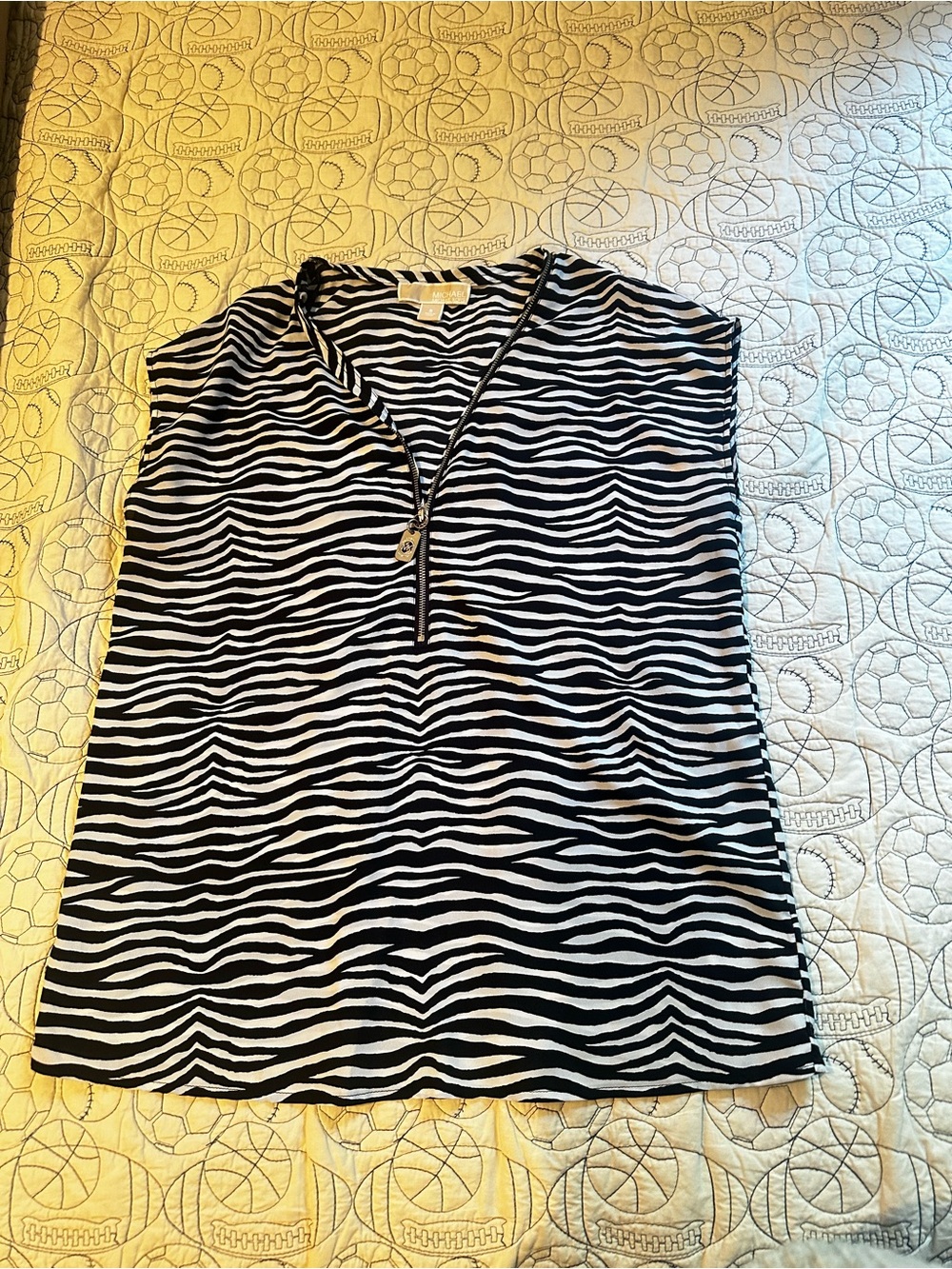 Michael Kors Black and White Zebra Print Sleeveless Zip-Front Blouse
